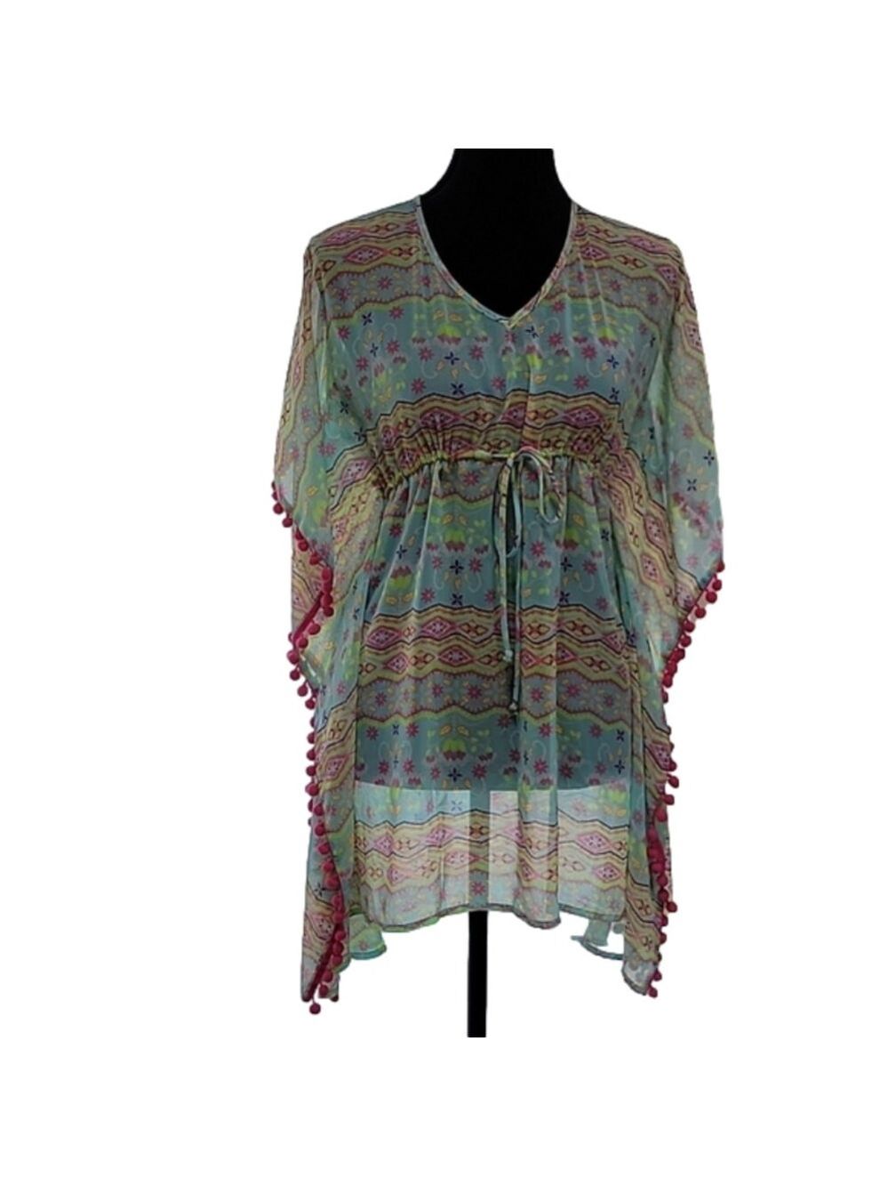 Sheer Bright Print Swim Cover with Pink Pompom Trim Size Small EUC
